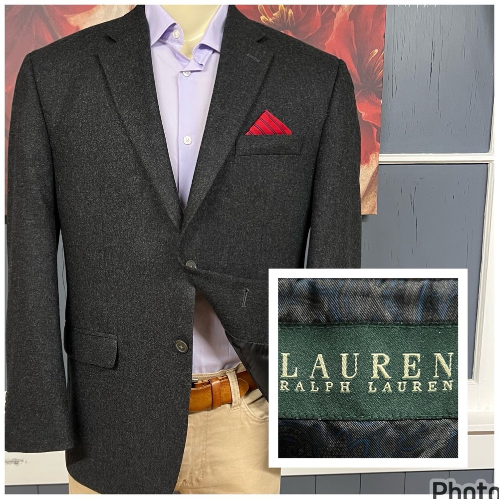 Lauren Ralph Lauren Wool Cashmere Blazer Jacket Mens 42S Short Dark Gray Flannel